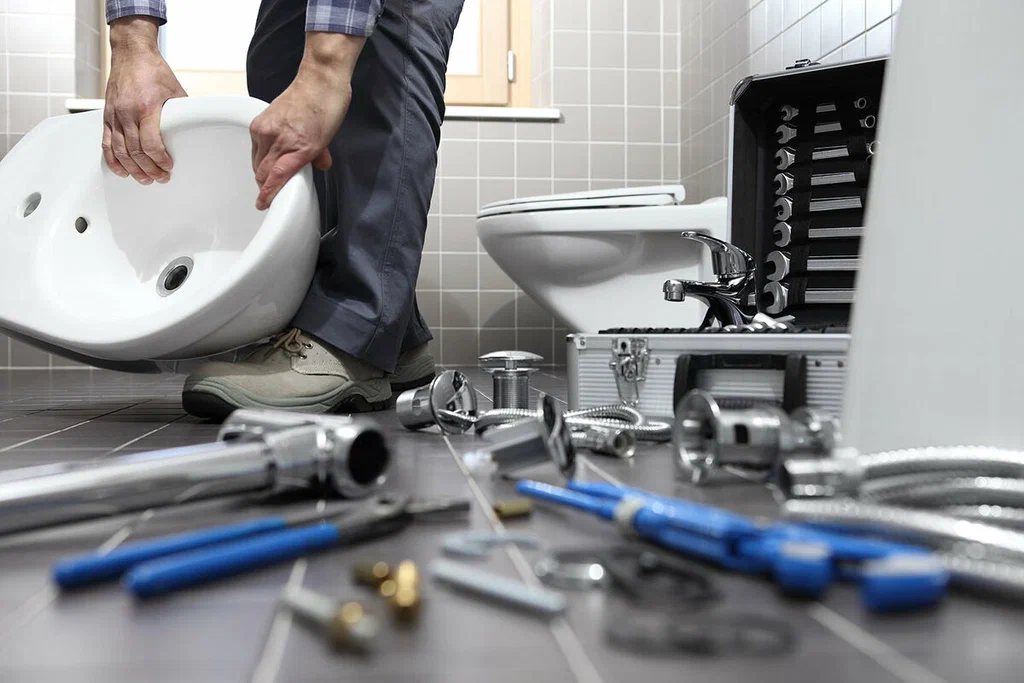 Plumbing tools prepared for a bathroom repair in Desert Hot Springs