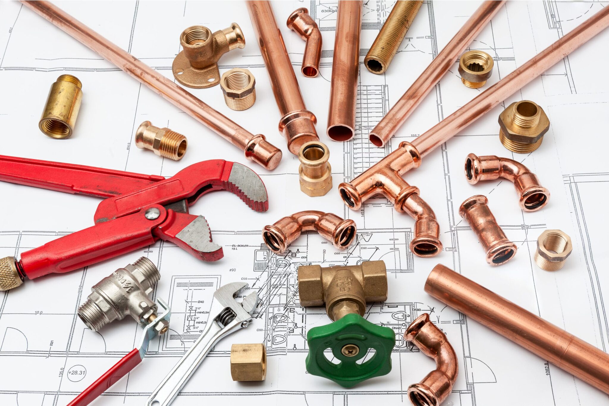 Copper pipes, fittings, valves, and plumbing tools in Desert Hot Springs
