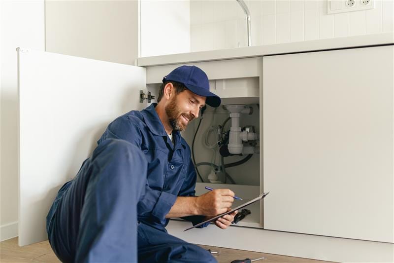 Residential plumber reviewing plumbing repairs in a Desert Hot Springs kitchen
