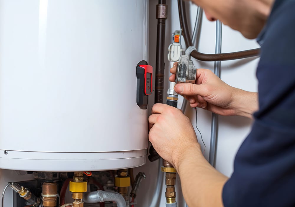 Technician repairing pipes connected to a water heater in Desert Hot Springs